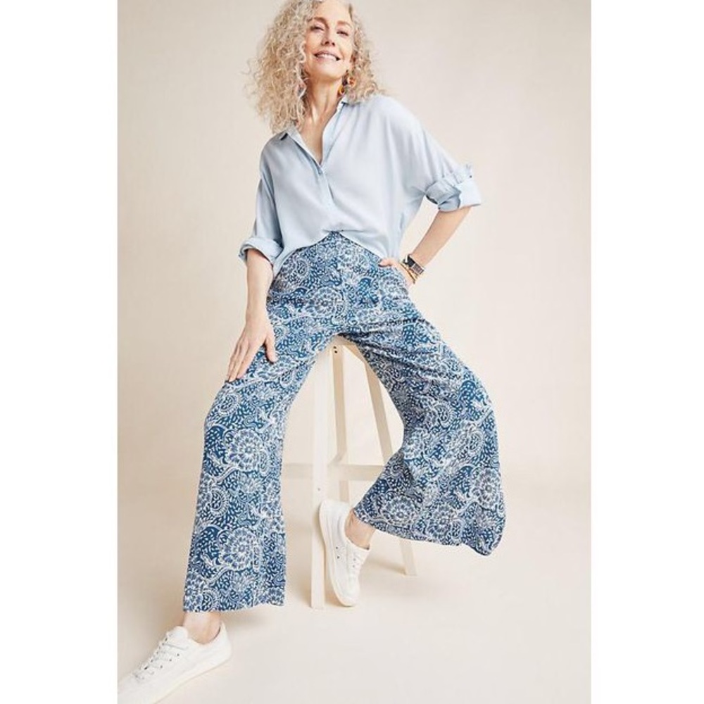 Anthropologie Blue and White Wide Leg Pants